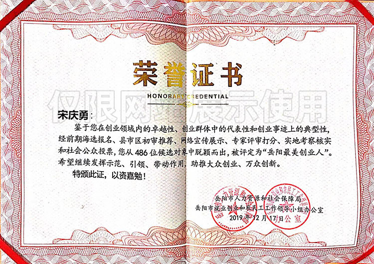 宋慶勇《岳陽(yáng)最美創(chuàng)業(yè)人》榮譽(yù)證書(shū)
